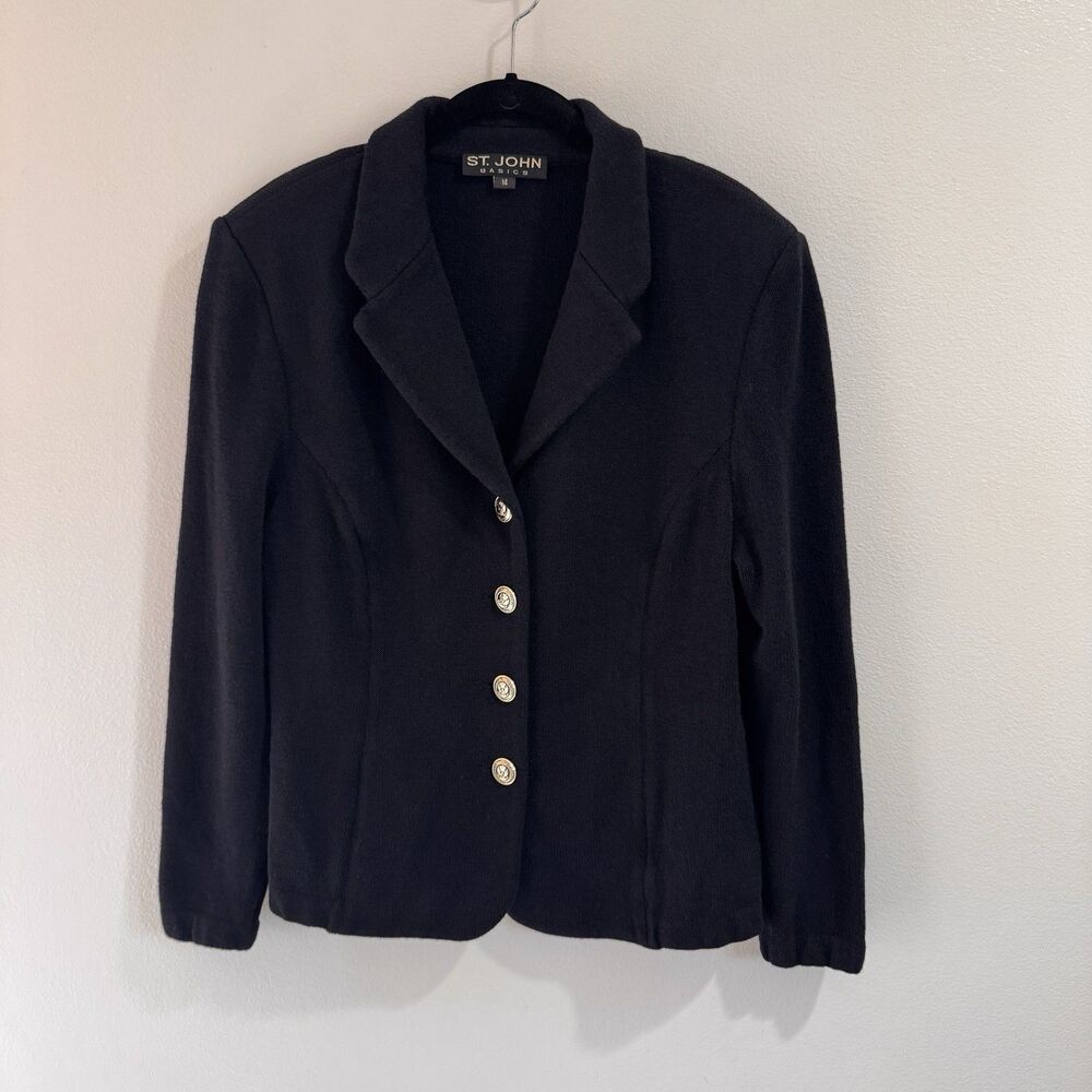 St. John Basics Blazer Cardigan Sweater 14 Black Crepe Knit Embossed Buttons